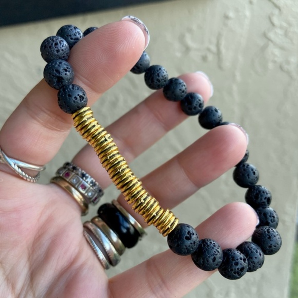 Men bracelet 8mm black lava rock beads & yellow gold color spacers